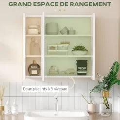 kleankin Armoire miroir salle de bain 3 portes 4 étagères aspect bois clair blanc