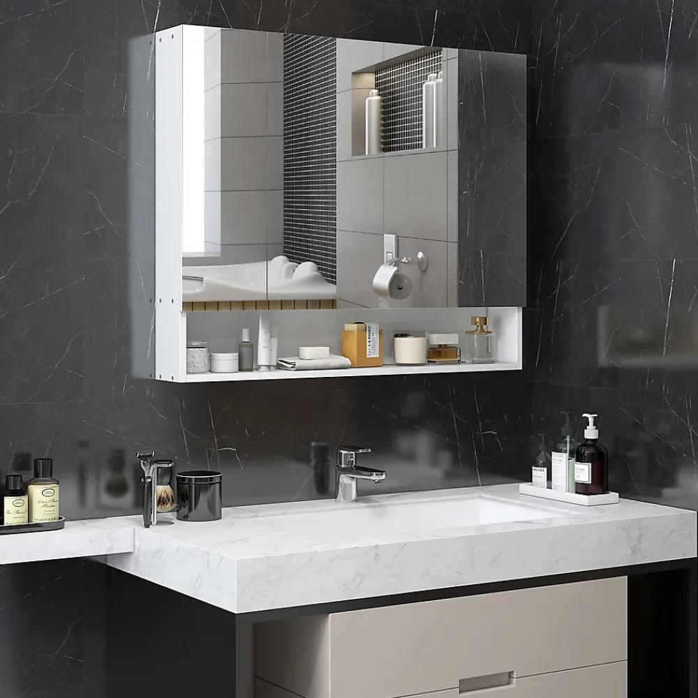 Armoire De Toilette|kleankin Armoire miroir salle de bain 3 portes 5 étagères, niche - 90 x 15 x 75 cm - blanc