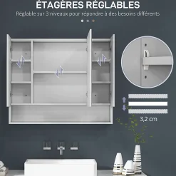 Armoire De Toilette|kleankin Armoire miroir salle de bain 3 portes 5 étagères, niche - 90 x 15 x 75 cm - blanc