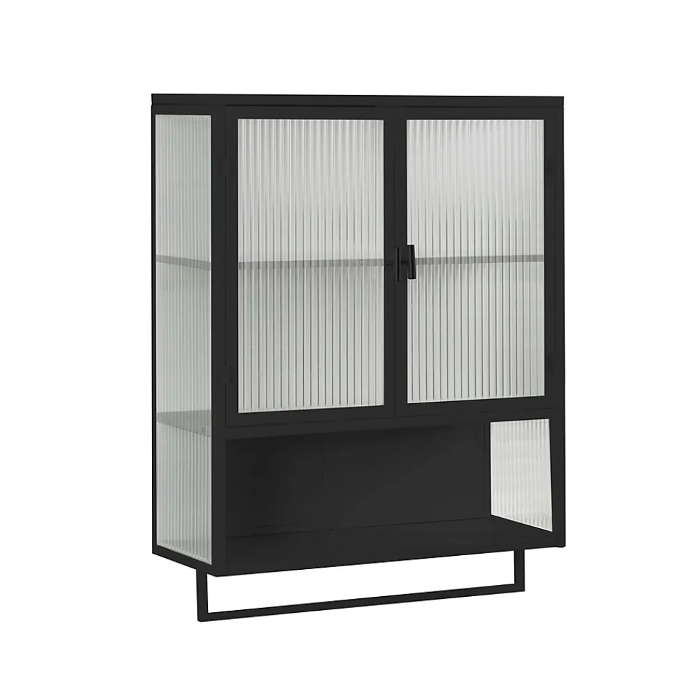 Okwish Armoire Murale 2 Portes avec Porte-Serviettes et Étagère Ouverte, Meuble en Verre et Métal pour Salle de Bain - 60x23x78 cm - Noir