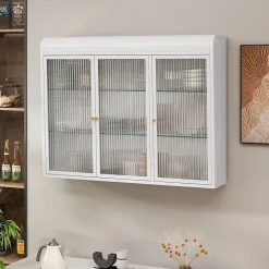 Okwish Armoire Murale 3 Portes en Verre et Métal - Meuble de Rangement Suspendu pour Cuisine et Salon, 90x16x70 cm, Blanc