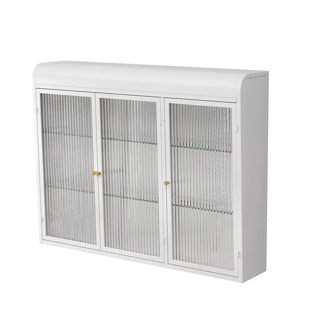 Okwish Armoire Murale 3 Portes en Verre et Métal - Meuble de Rangement Suspendu pour Cuisine et Salon, 90x16x70 cm, Blanc