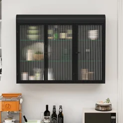 Armoire De Salle De Bains|Okwish Armoire Murale 3 Portes Salle de Bain design Moderne avec Cadre Métal Noir et Verre, Meuble de Rangement, Noir