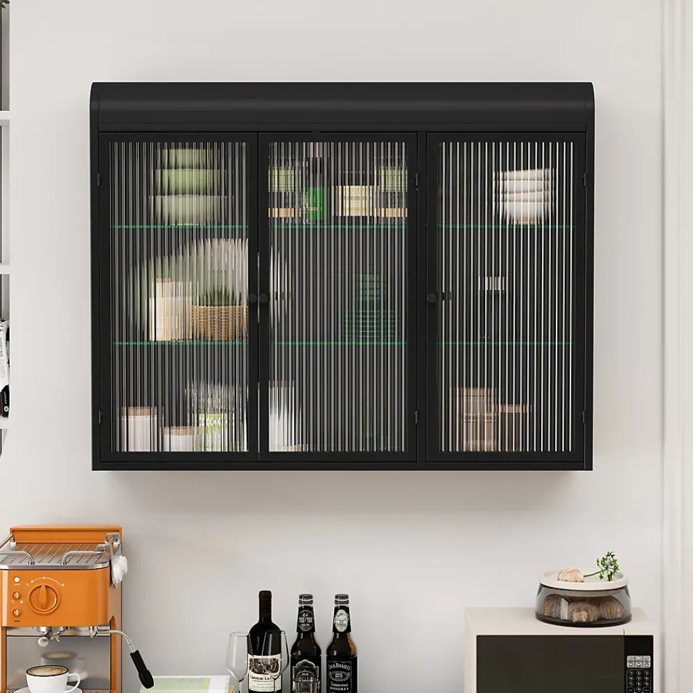 Armoire De Salle De Bains|Okwish Armoire Murale 3 Portes Salle de Bain design Moderne avec Cadre Métal Noir et Verre, Meuble de Rangement, Noir