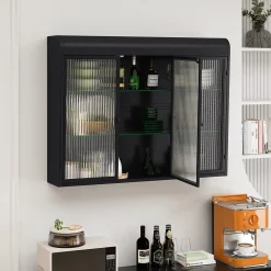 Armoire De Salle De Bains|Okwish Armoire Murale 3 Portes Salle de Bain design Moderne avec Cadre Métal Noir et Verre, Meuble de Rangement, Noir