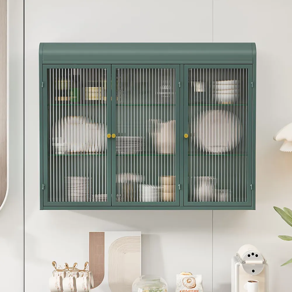 Okwish Armoire Murale 3 Portes Salle de Bain design Moderne avec Cadre Métal Vert et Verre, Meuble de Rangement, Vert foncé