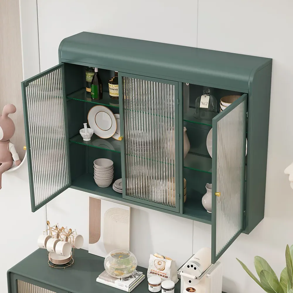 Okwish Armoire Murale 3 Portes Salle de Bain design Moderne avec Cadre Métal Vert et Verre, Meuble de Rangement, Vert foncé