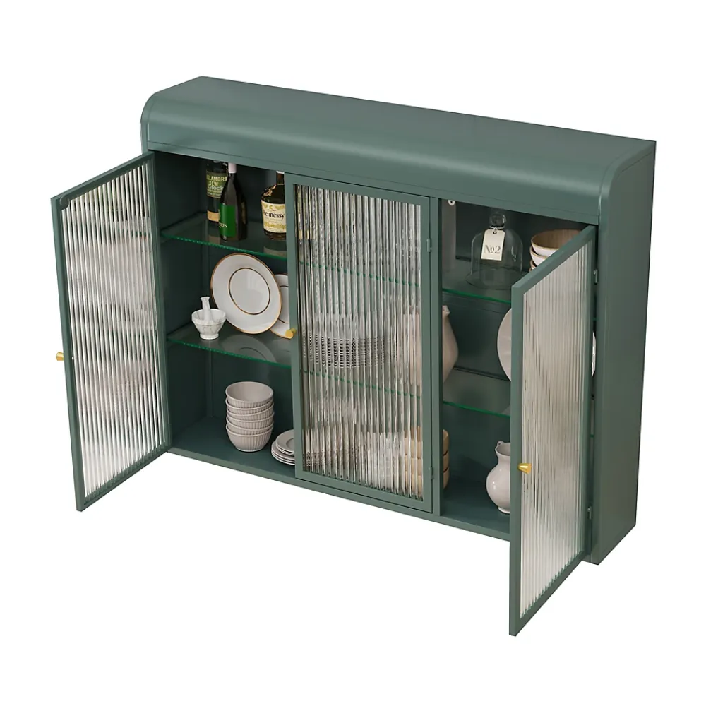 Okwish Armoire Murale 3 Portes Salle de Bain design Moderne avec Cadre Métal Vert et Verre, Meuble de Rangement, Vert foncé