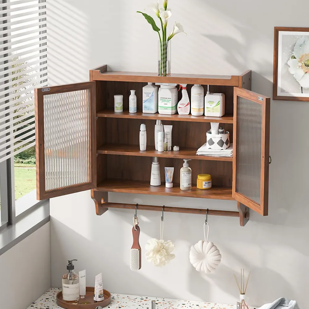 Okwish Armoire Murale avec Portes Vitrées et Porte-Serviettes, Meuble Mural Vintage en Bois Massif avec 3 Étagères - 63x18x60 cm - Brun