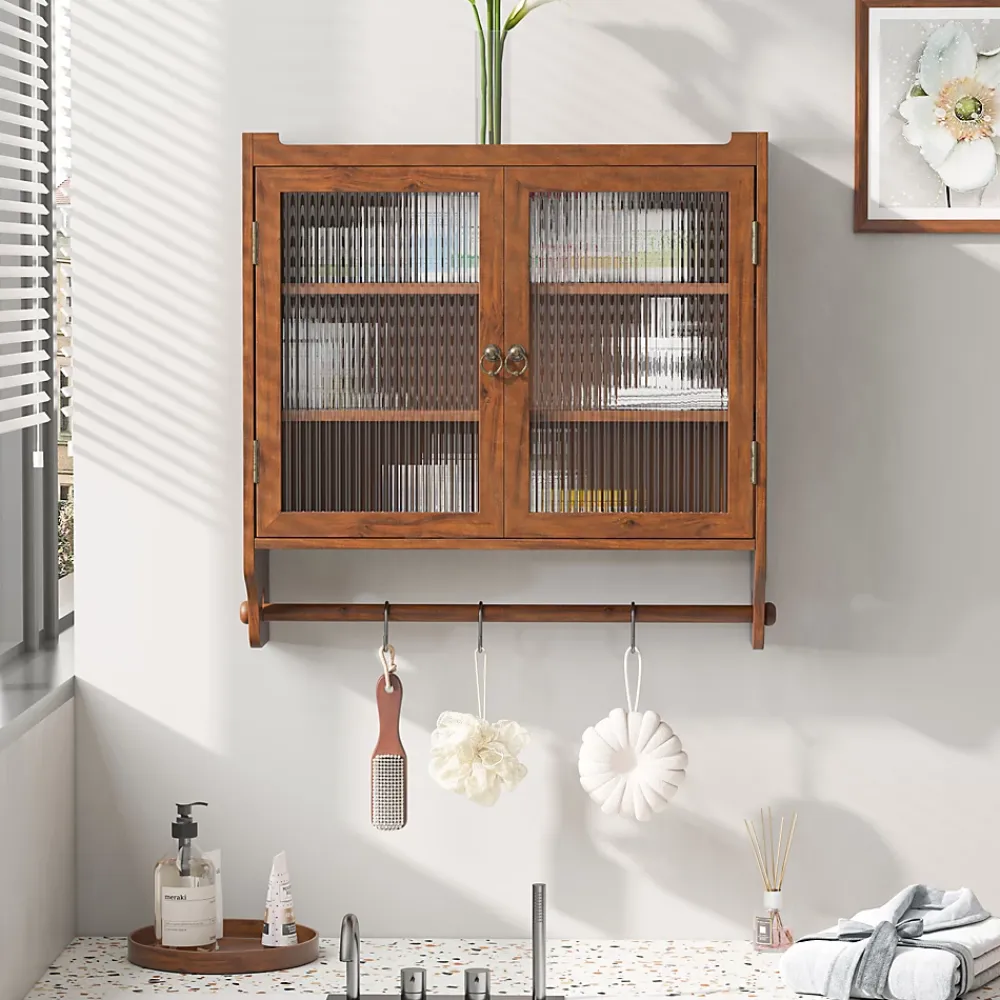 Okwish Armoire Murale avec Portes Vitrées et Porte-Serviettes, Meuble Mural Vintage en Bois Massif avec 3 Étagères - 63x18x60 cm - Brun