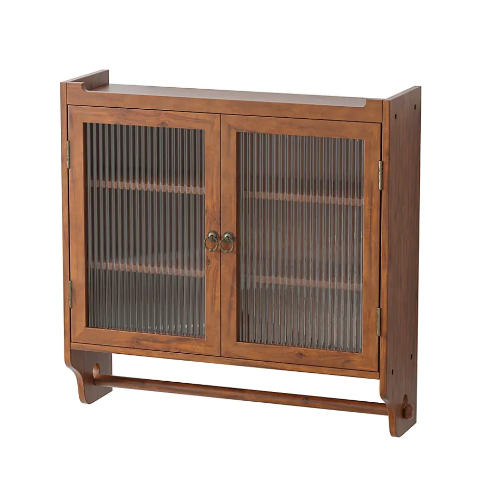 Okwish Armoire Murale avec Portes Vitrées et Porte-Serviettes, Meuble Mural Vintage en Bois Massif avec 3 Étagères - 63x18x60 cm - Brun