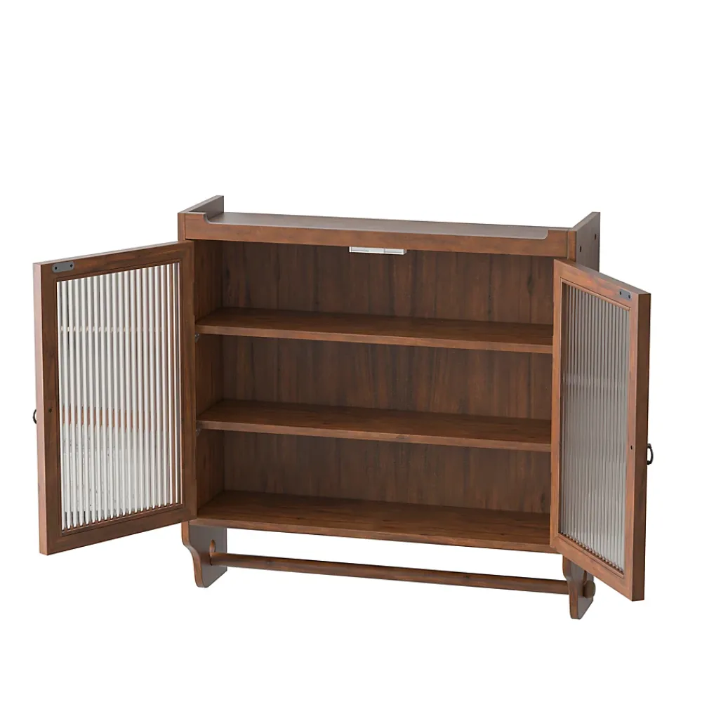 Okwish Armoire Murale avec Portes Vitrées et Porte-Serviettes, Meuble Mural Vintage en Bois Massif avec 3 Étagères - 63x18x60 cm - Brun