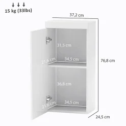 Armoire De Salle De Bains|ProximaX Armoire murale blanche avec porte, meuble salle de bain et cuisine à 2 étagères, armoire à pharmacie 37,2x24,5x76,8 cm