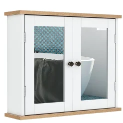 Homcom Armoire murale de salle de bain avec étagère réglable et 2 portes avec miroir en MDF - dim. 56I x 14P x 46H cm