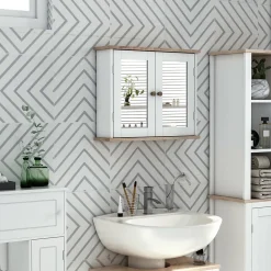 Homcom Armoire murale de salle de bain avec étagère réglable et 2 portes avec miroir en MDF - dim. 56I x 14P x 46H cm
