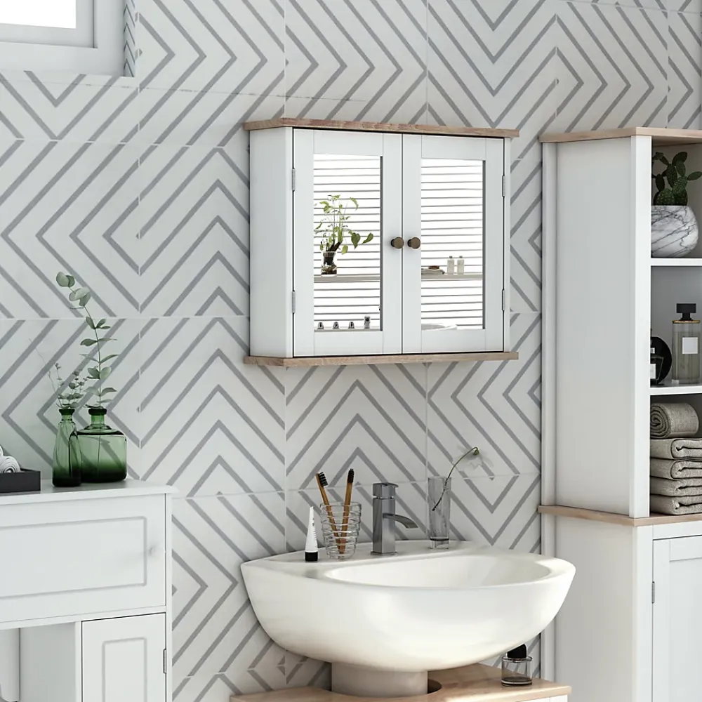 Homcom Armoire murale de salle de bain avec étagère réglable et 2 portes avec miroir en MDF - dim. 56I x 14P x 46H cm