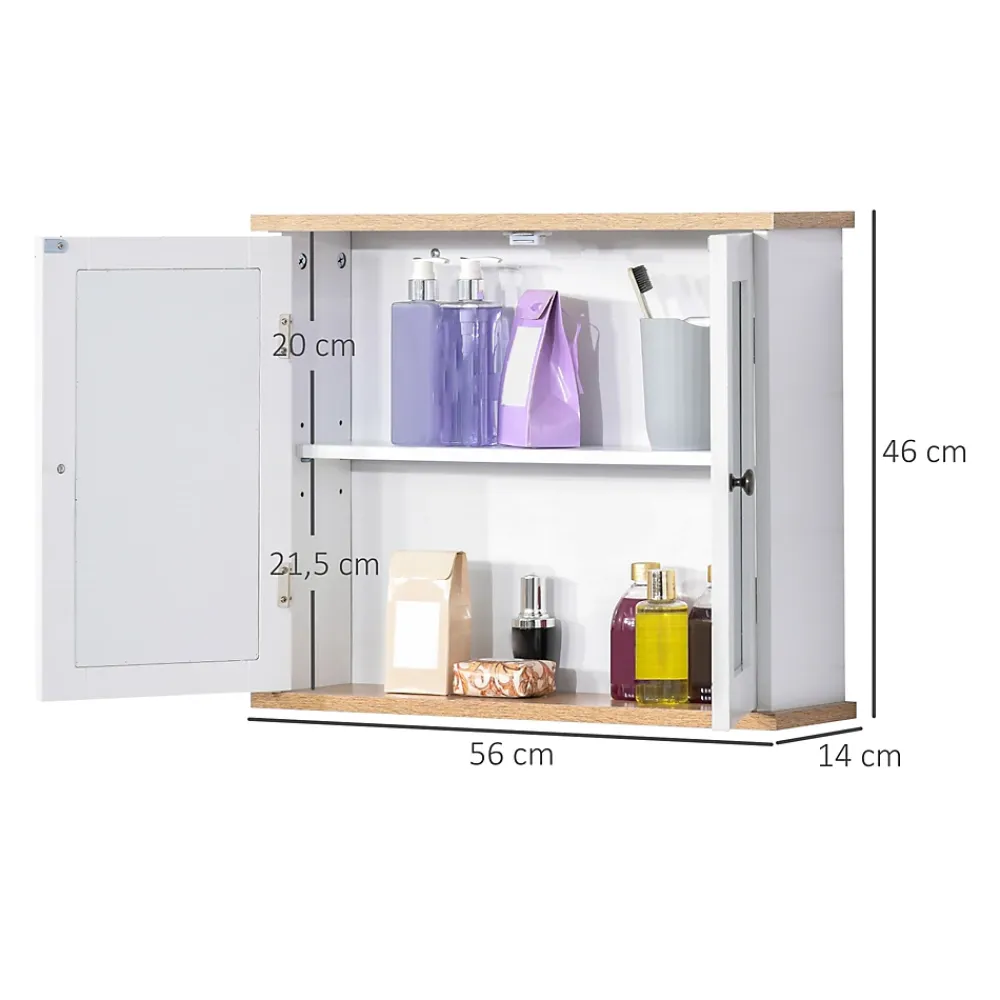 Homcom Armoire murale de salle de bain avec étagère réglable et 2 portes avec miroir en MDF - dim. 56I x 14P x 46H cm