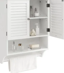 Giantex Armoire Murale de Salle de Bain avec Portes à Persiennes Porte Serviettes Armoire à Pharmacie avec étagère Réglable Blanc