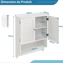 Giantex Armoire Murale de Salle de Bain avec Portes à Persiennes Porte Serviettes Armoire à Pharmacie avec étagère Réglable Blanc
