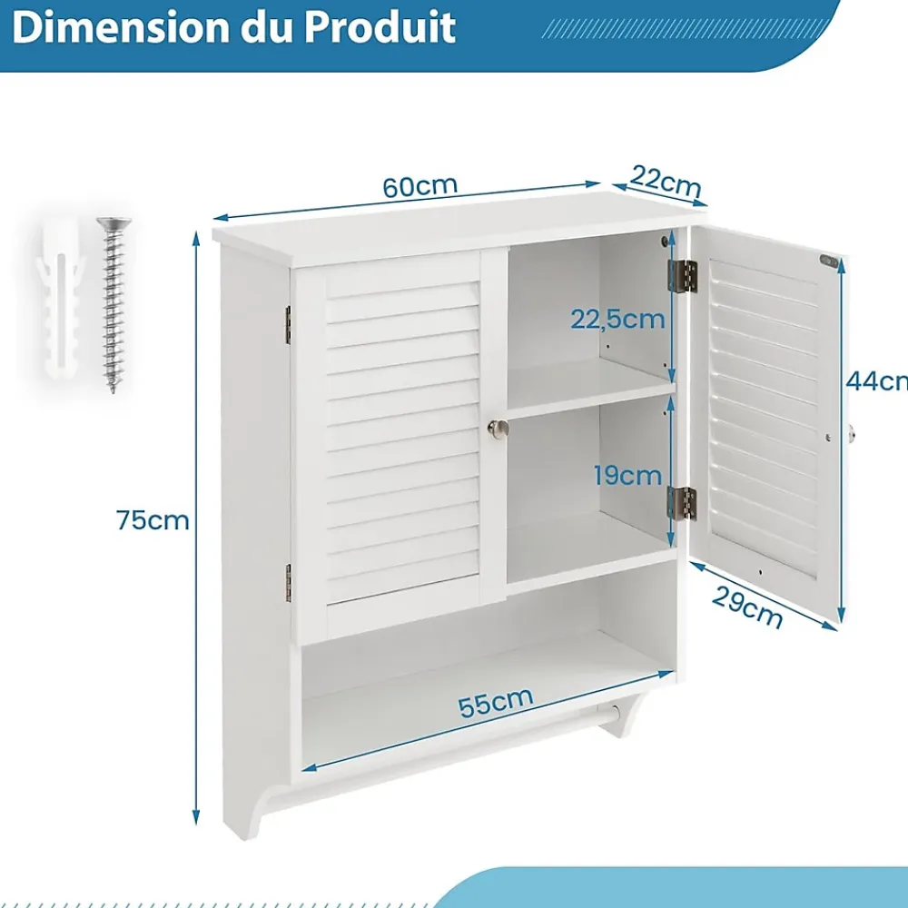 Giantex Armoire Murale de Salle de Bain avec Portes à Persiennes Porte Serviettes Armoire à Pharmacie avec étagère Réglable Blanc