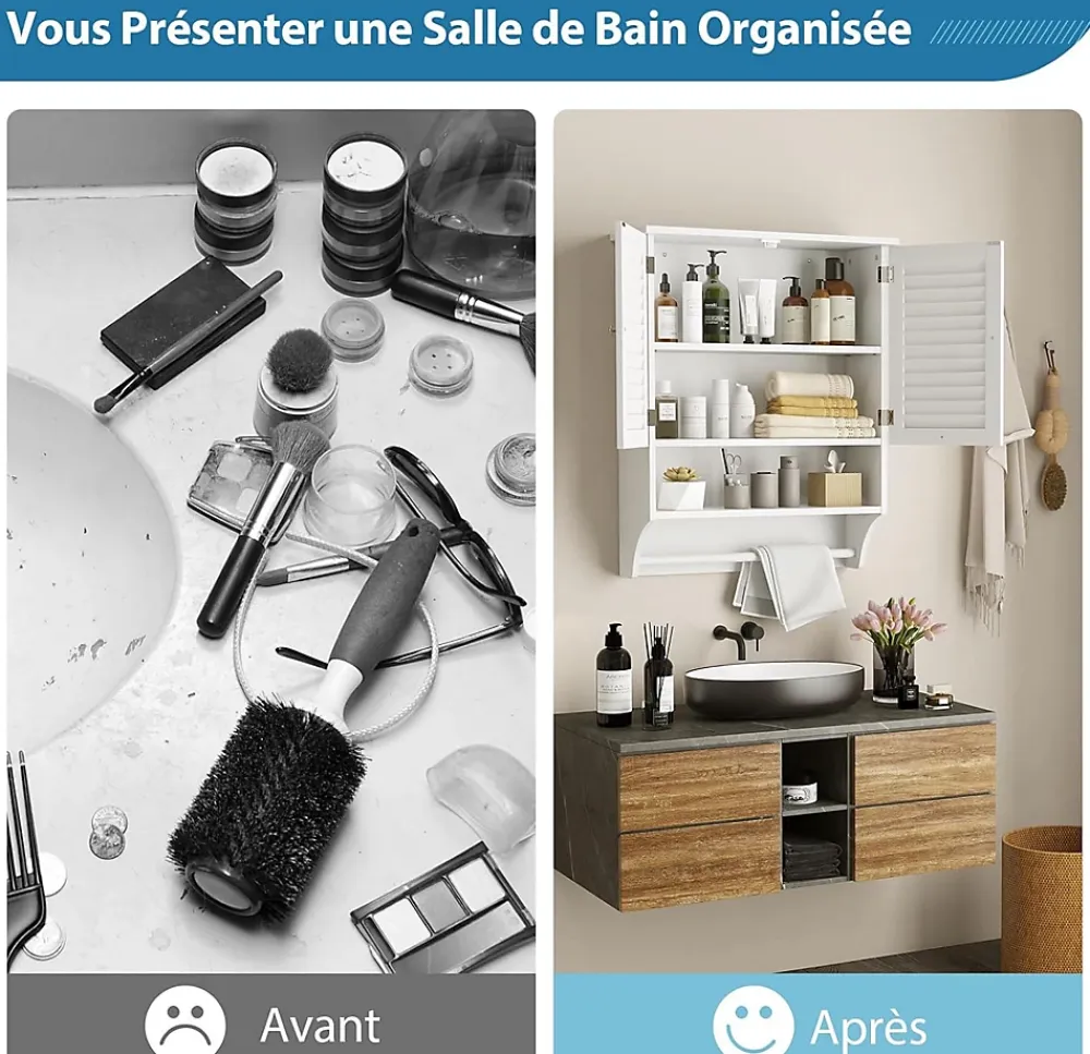 Giantex Armoire Murale de Salle de Bain avec Portes à Persiennes Porte Serviettes Armoire à Pharmacie avec étagère Réglable Blanc