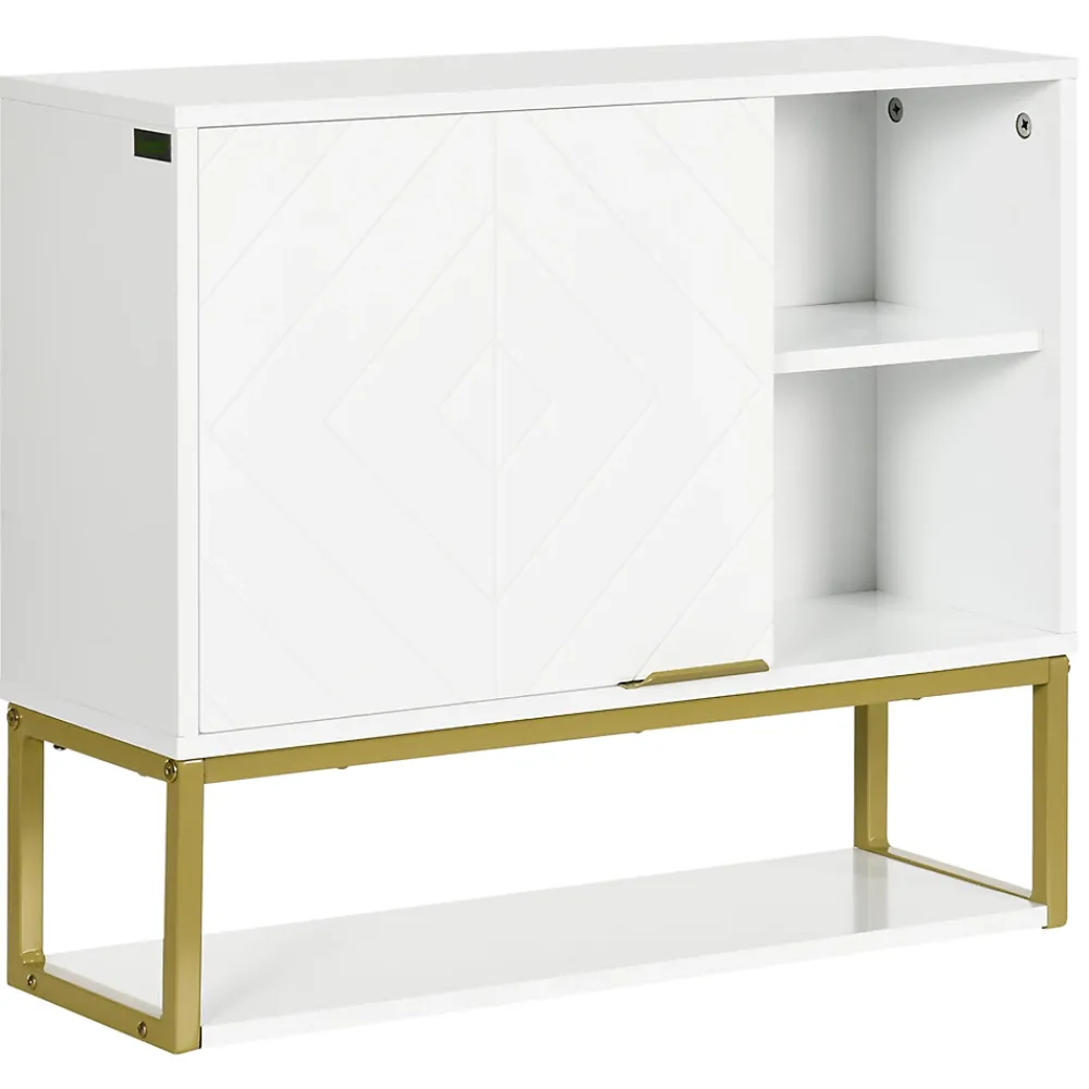 kleankin Armoire murale de salle de bain - porte, 2 étagères, 2 niches - acier doré MDF blanc