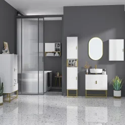 kleankin Armoire murale de salle de bain - porte, 2 étagères, 2 niches - acier doré MDF blanc
