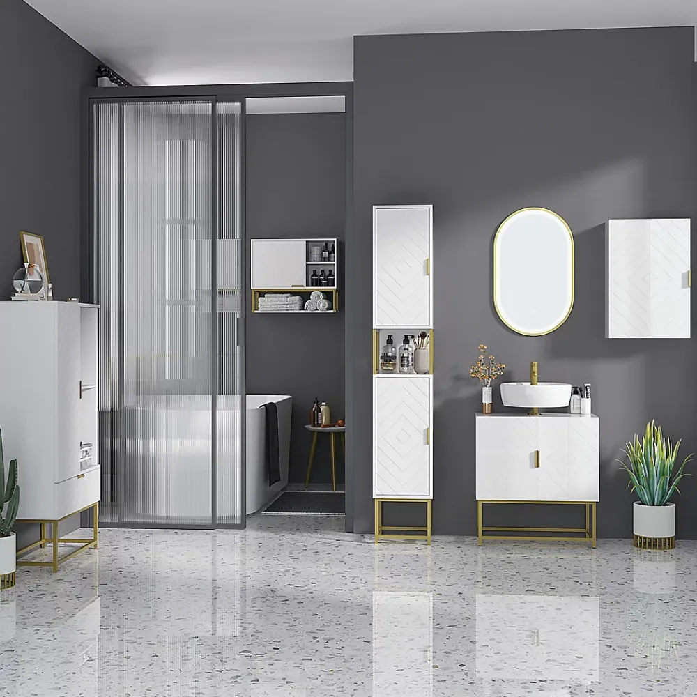 kleankin Armoire murale de salle de bain - porte, 2 étagères, 2 niches - acier doré MDF blanc