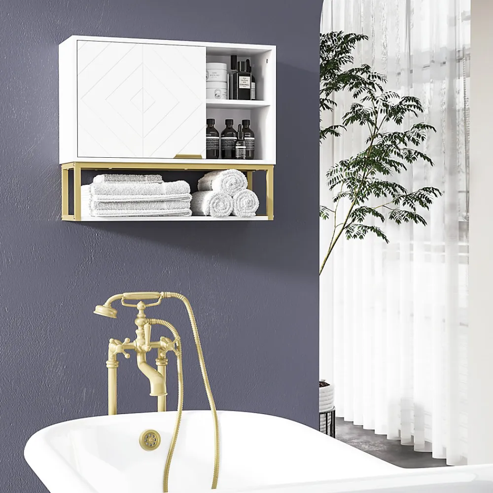 kleankin Armoire murale de salle de bain - porte, 2 étagères, 2 niches - acier doré MDF blanc
