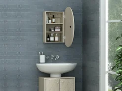 Armoire De Toilette|Vente-unique Armoire murale de salle de bain ovale avec miroir - Couleur chêne - RURI