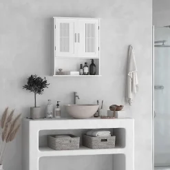 Armoire De Salle De Bains|kleankin Armoire murale de salle de bain 2 portes - étagère, niche - dim. 60 x 20 x 70 cm - blanc