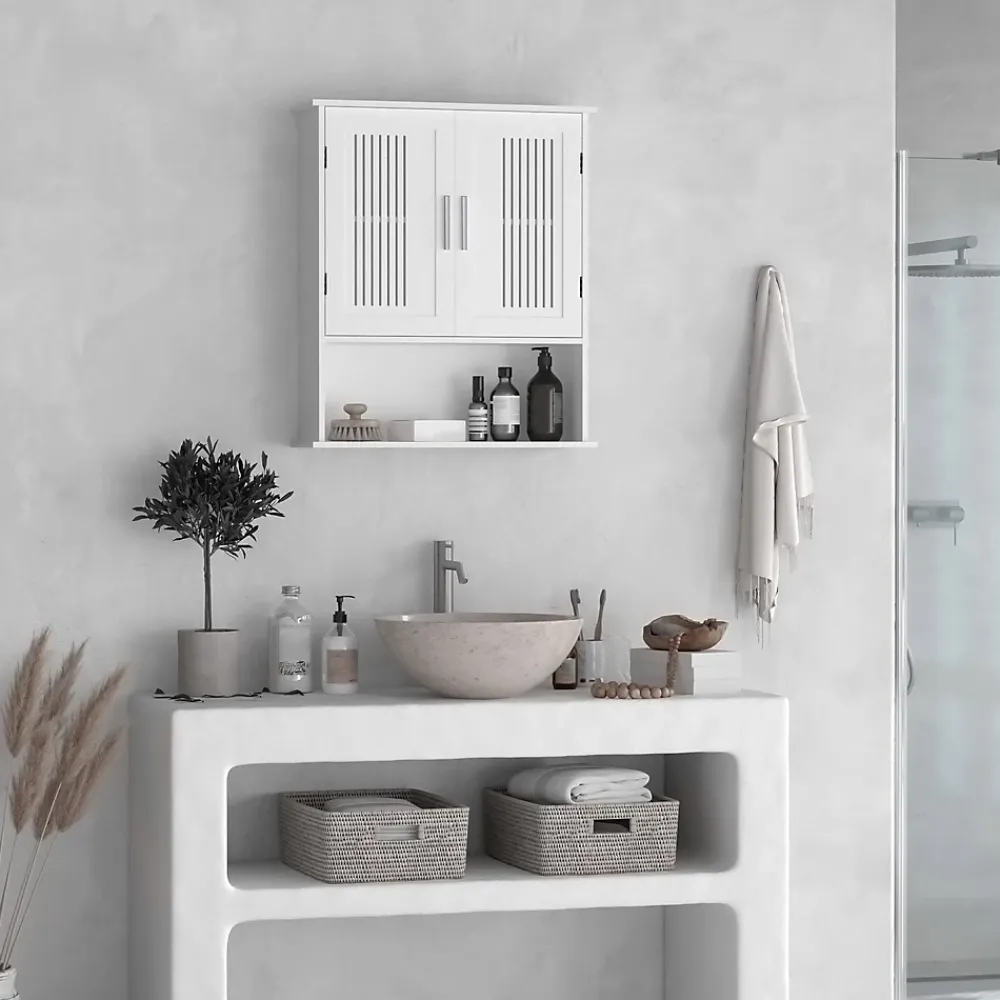 Armoire De Salle De Bains|kleankin Armoire murale de salle de bain 2 portes - étagère, niche - dim. 60 x 20 x 70 cm - blanc