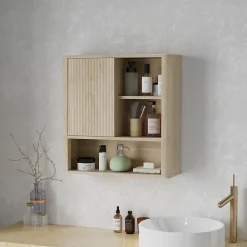 Homcom Armoire murale de salle de bain style bohème chic - porte coulissante, étagère, niche - effet bois clair
