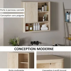 Homcom Armoire murale de salle de bain style bohème chic - porte coulissante, étagère, niche - effet bois clair