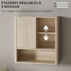 Homcom Armoire murale de salle de bain style bohème chic - porte coulissante, étagère, niche - effet bois clair
