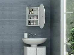 Armoire De Toilette|Vente-unique Armoire murale de salle de bain ovale avec miroir - Blanc - RURI
