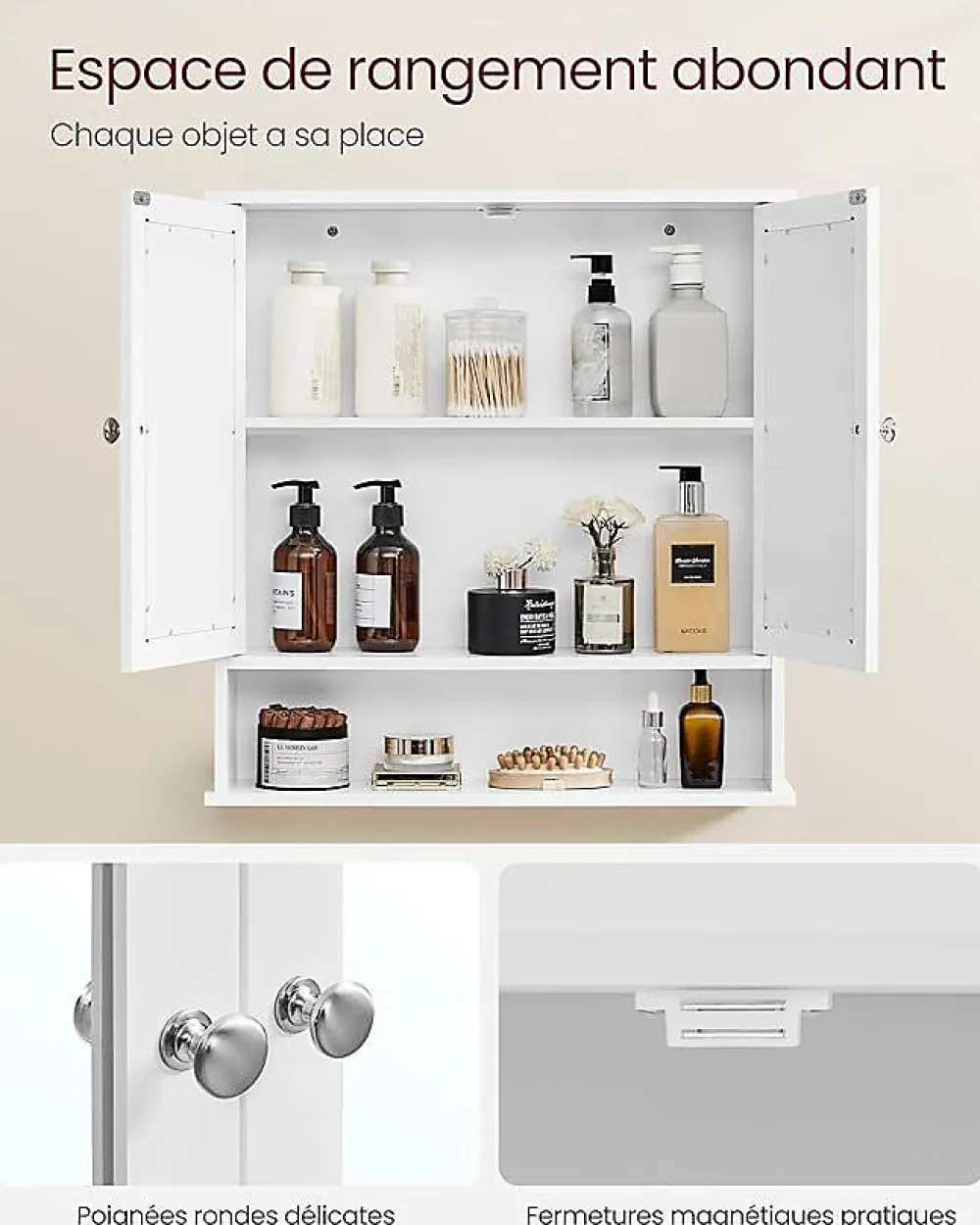Nature Pro Armoire Murale, Meuble Salle de Bain, Placard de Rangement, Armoire Suspendue, 2 Portes-miroir et Compartiment Ouvert