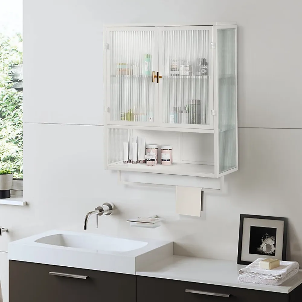 Armoire De Salle De Bains|Okwish Armoire Murale Moderne avec Portes Vitrées et Porte-Serviettes, Meuble Mural avec Étagères - 60x23x78 cm - Blanc, Verre+Métal