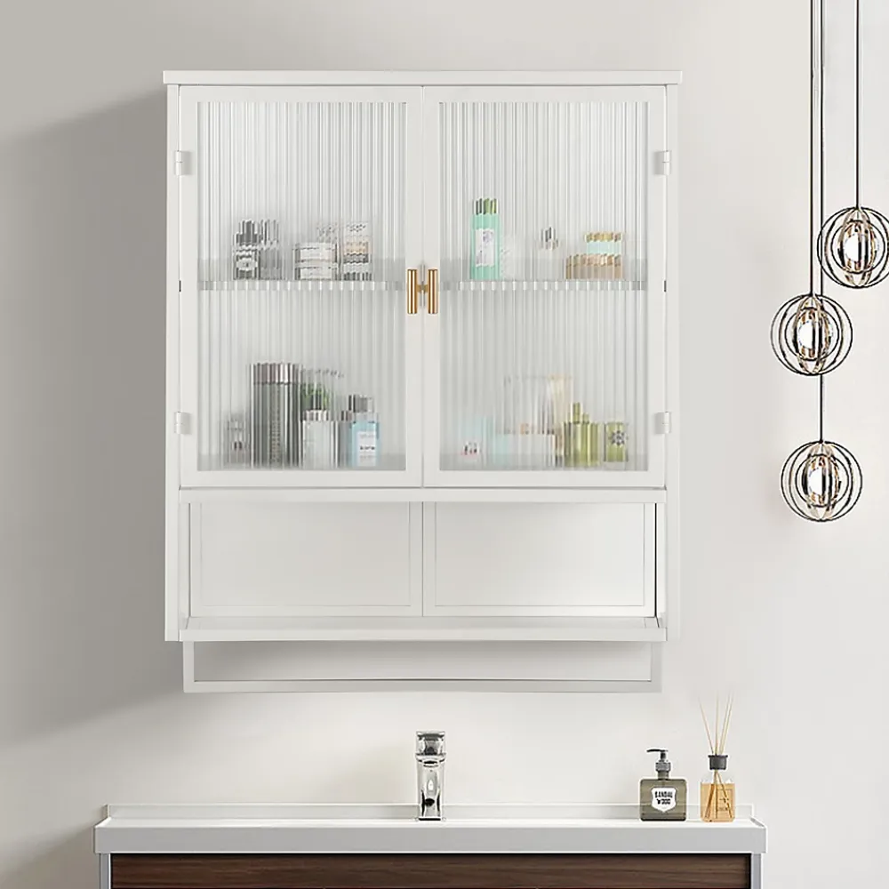 Armoire De Salle De Bains|Okwish Armoire Murale Moderne avec Portes Vitrées et Porte-Serviettes, Meuble Mural avec Étagères - 60x23x78 cm - Blanc, Verre+Métal