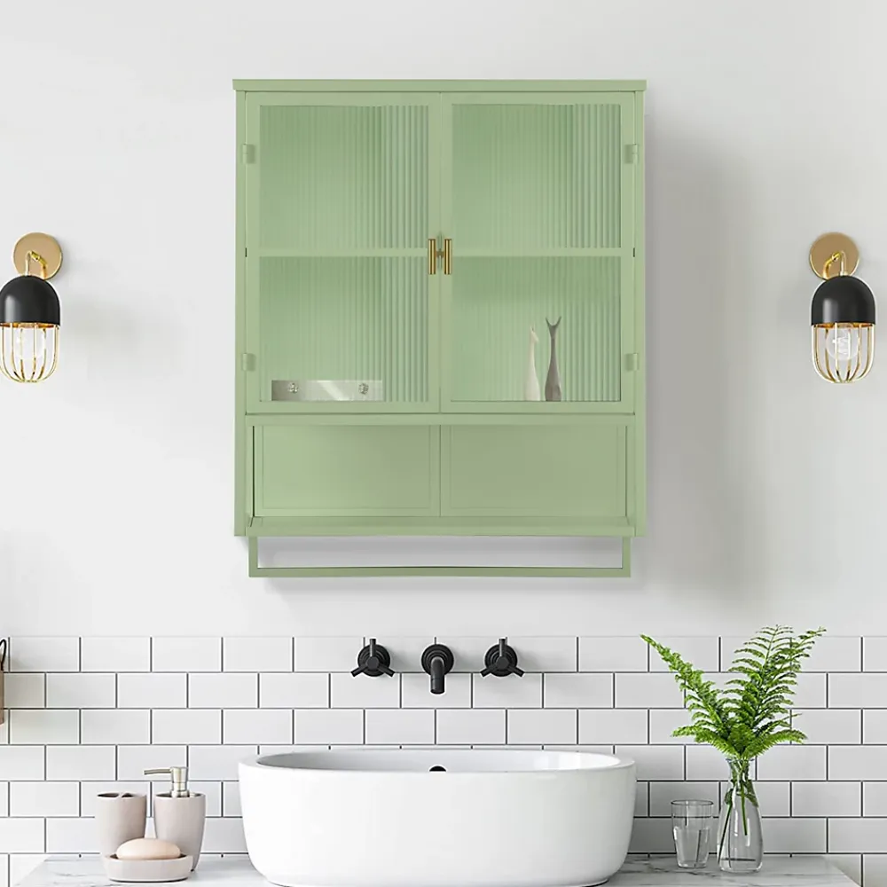 Okwish Armoire Murale Moderne avec Portes Vitrées et Porte-Serviettes, Meuble Mural avec Étagères - 60x23x78 cm - Vert, Verre+Métal
