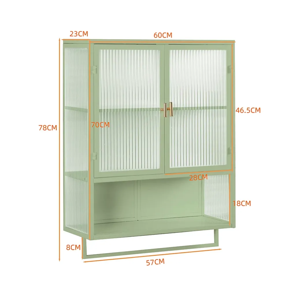 Okwish Armoire Murale Moderne avec Portes Vitrées et Porte-Serviettes, Meuble Mural avec Étagères - 60x23x78 cm - Vert, Verre+Métal