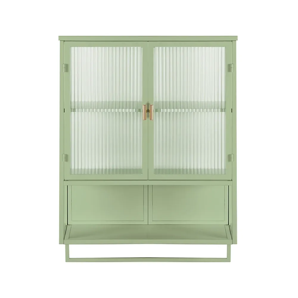 Okwish Armoire Murale Moderne avec Portes Vitrées et Porte-Serviettes, Meuble Mural avec Étagères - 60x23x78 cm - Vert, Verre+Métal
