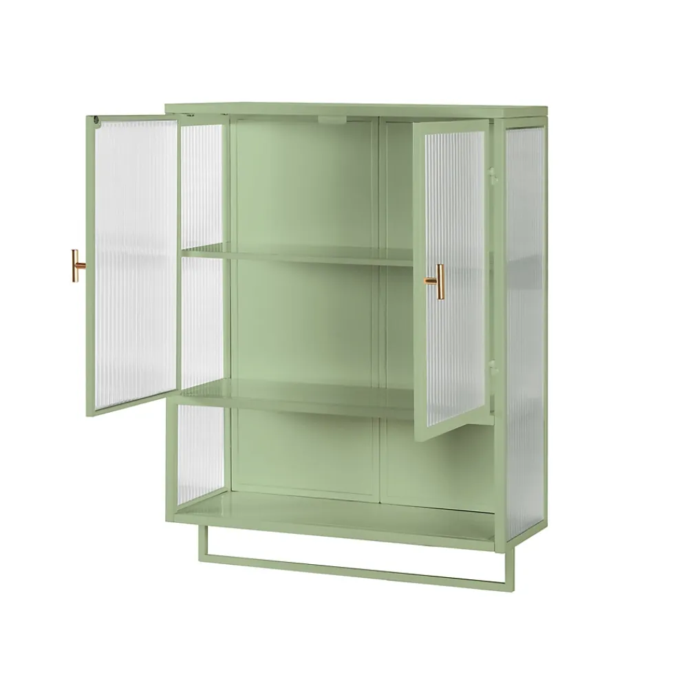 Okwish Armoire Murale Moderne avec Portes Vitrées et Porte-Serviettes, Meuble Mural avec Étagères - 60x23x78 cm - Vert, Verre+Métal