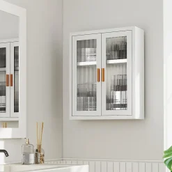 Armoire De Salle De Bains|Homcom Armoire murale métal salle de bain étagère 2 portes acrylique cannelé 40 x 14 x 50 cm blanc doré