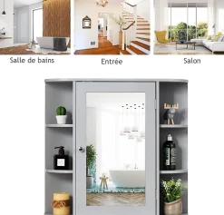 Giantex Armoire Murale pour Salle de Bain 10 Etageres avec Miroir Plusieurs Tablettes de Differentes Tailles 65 x 17 x 63CM Gris