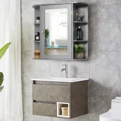 Giantex Armoire Murale pour Salle de Bain 10 Etageres avec Miroir Plusieurs Tablettes de Differentes Tailles 65 x 17 x 63CM Gris