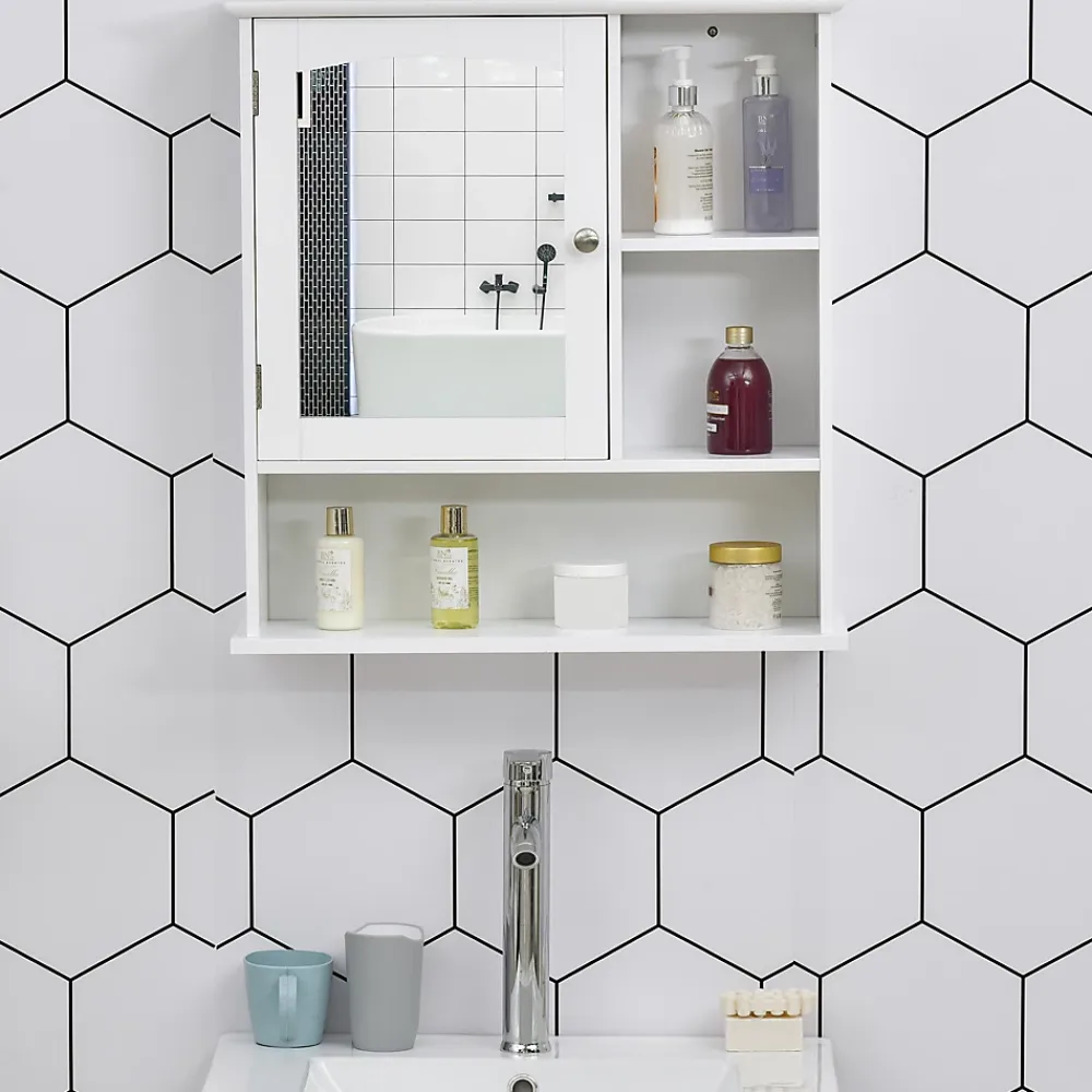 kleankin Armoire murale salle de bain armoire à glace placard de rangement toilettes 1 porte niche + étagères latérales MDF blanc