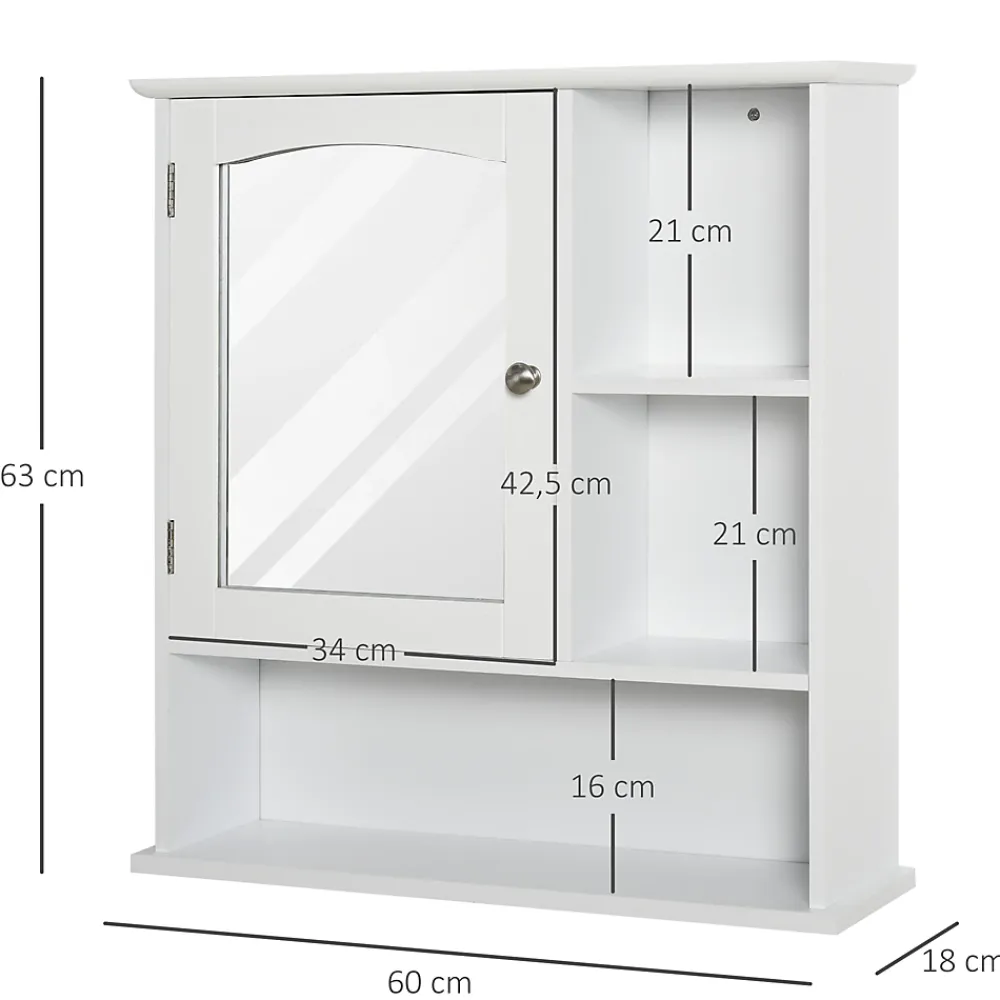 kleankin Armoire murale salle de bain armoire à glace placard de rangement toilettes 1 porte niche + étagères latérales MDF blanc