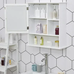 kleankin Armoire murale salle de bain armoire à glace placard de rangement toilettes 1 porte niche + étagères latérales MDF blanc