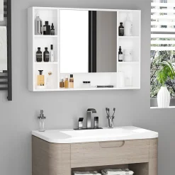 kleankin Armoire murale salle de bain avec miroir - 7 niches, étagère - 100 x 15 x 70 cm - MDF blanc